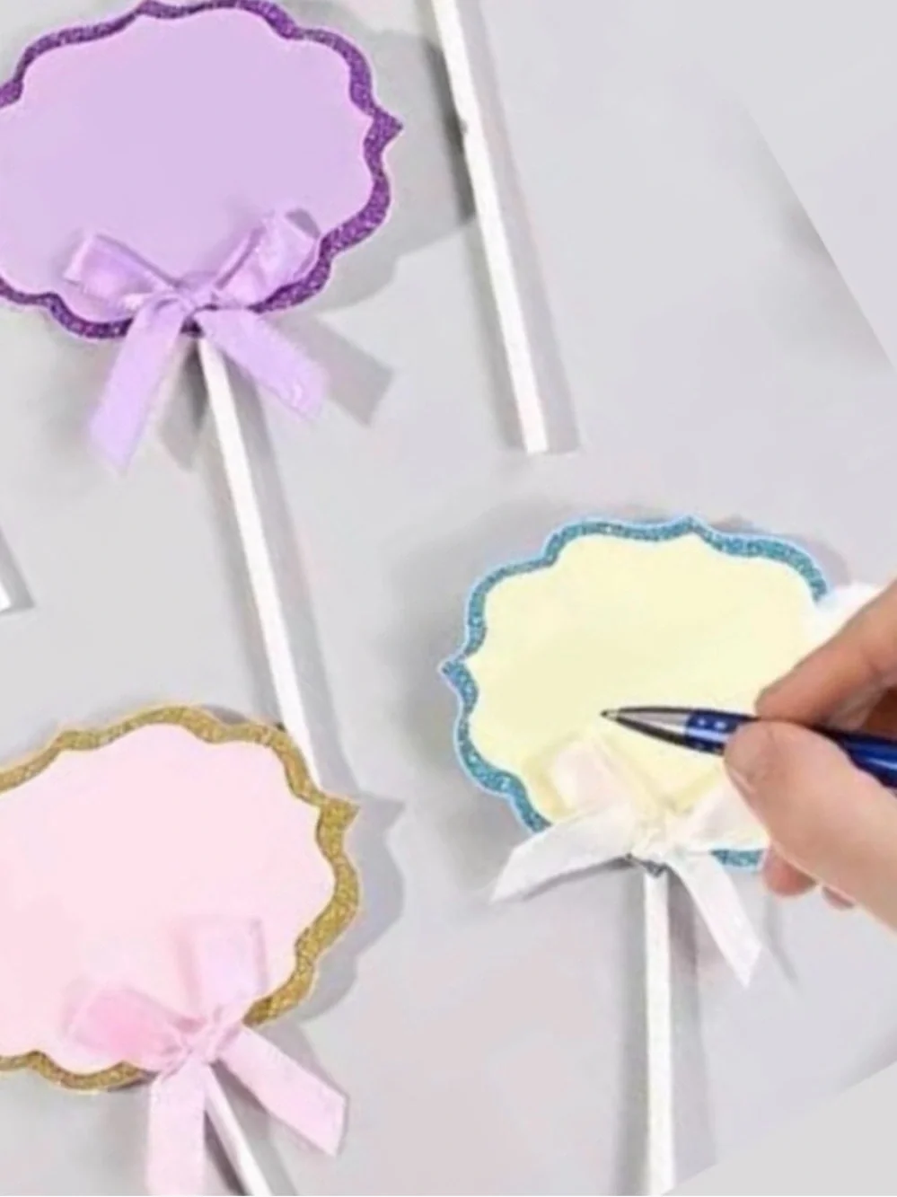 💞 New Pack of 10 Cream & Blue Glitter Buffet Food Label Cupcake Toppers